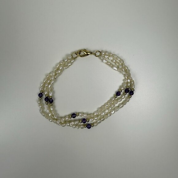 Vintage Triple Strand Freshwater Pearls And Amethyst Beaded Bracelet‎ Art Deco - Picture 1 of 4
